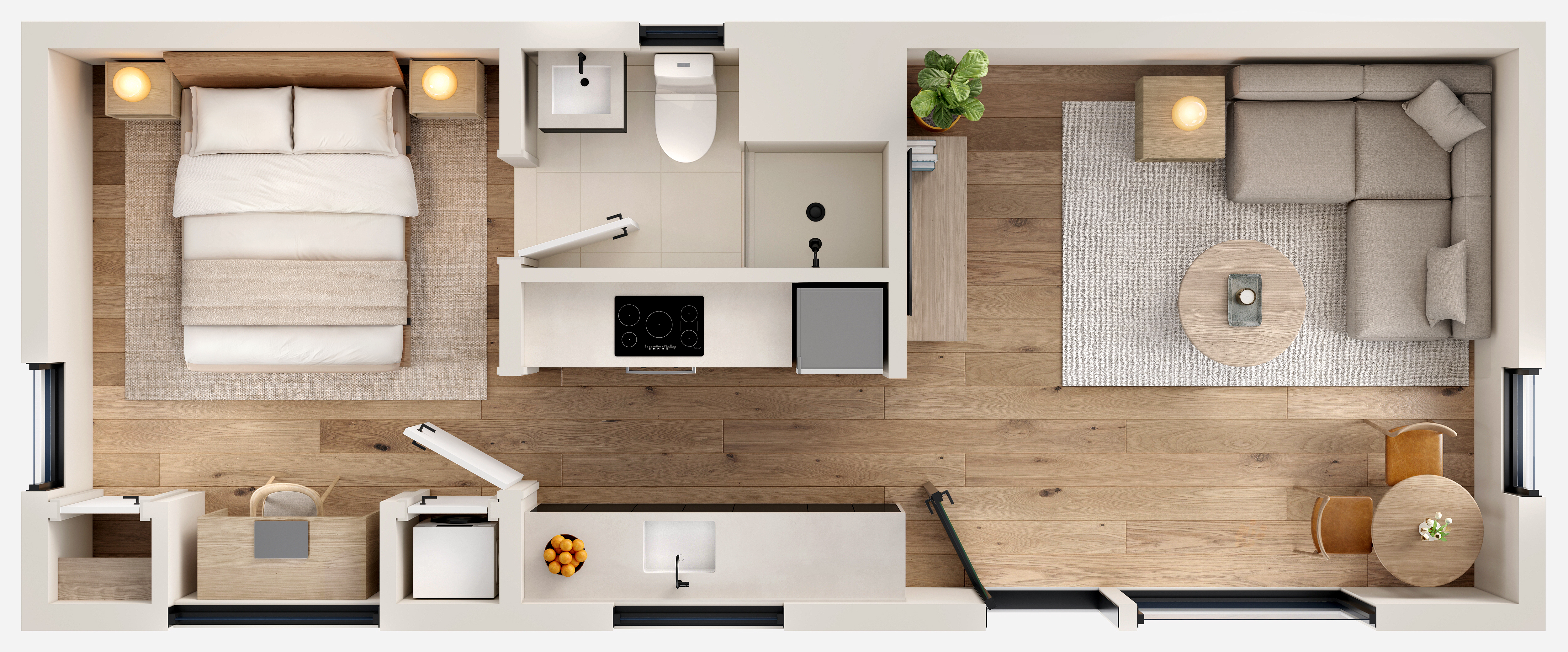 Abodu One 3D floor plan: top-down furnished view (representative render)